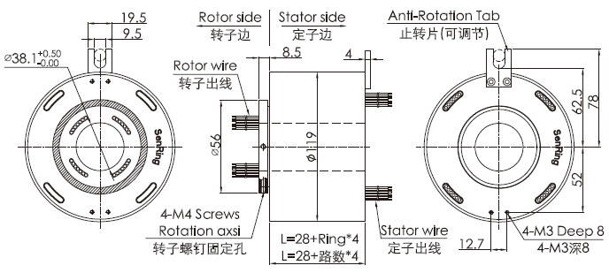 bh38119BH38119系列强弱电工业总线信号定制滑环 系列滑环外形图纸
