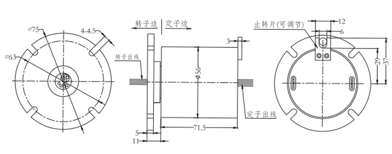 em056-18-tm单通路千兆以太网滑环1路千兆网线组合4路10A电源线 系列滑环外形图纸